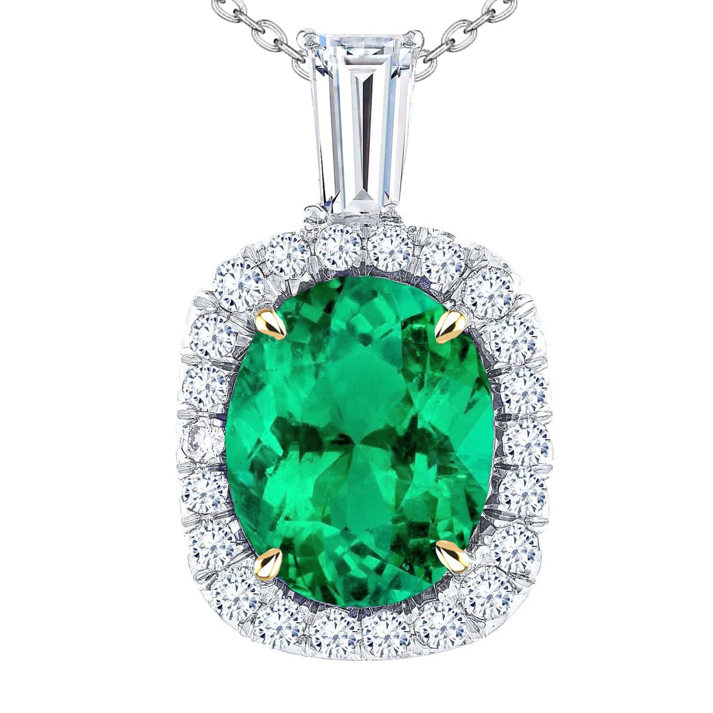 Halo Pendant Oval Cut Green Emerald Necklace