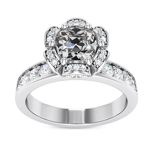 Halo Ring Cushion Old Cut Diamond Ring Flower Channel Set 5 Carats