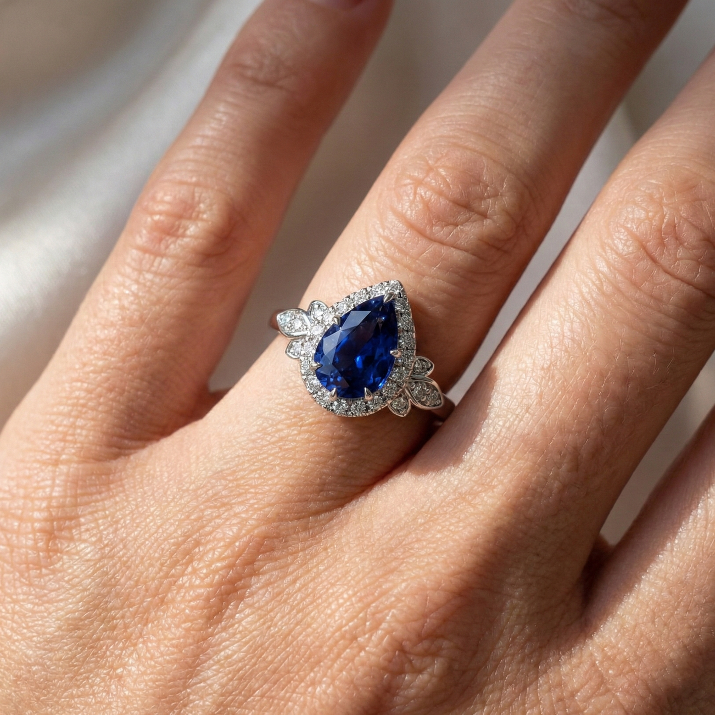 Halo Ring Floral Style Pear Sri Lankan Sapphire & Natural Earth Mined Diamonds 4 Carats