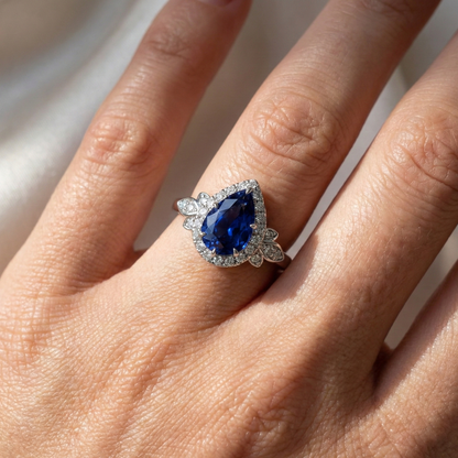 Halo Ring Floral Style Pear Sri Lankan Sapphire & Natural Earth Mined Diamonds 4 Carats