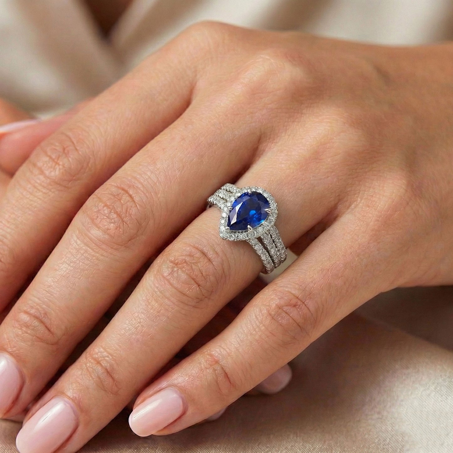 Halo Ring Prong Set Pear Blue Sapphire & Triple Shank Natural Earth Mined Diamond 5 Carats
