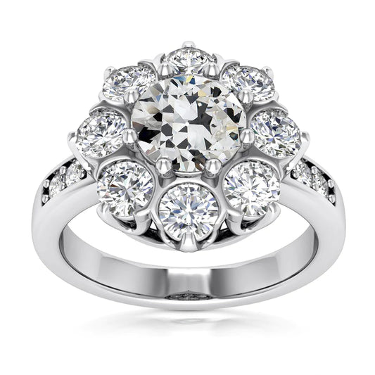 Halo Ring Round Old Mine Cut Diamond Prong Set 8 Carats