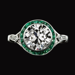 Halo Ring Round Old Mine Cut Diamond & Baguette Emerald 5 Carats