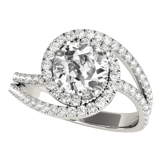 Halo Round Old Cut Diamond Ring Twisted Split Shank Gold 5 Carats