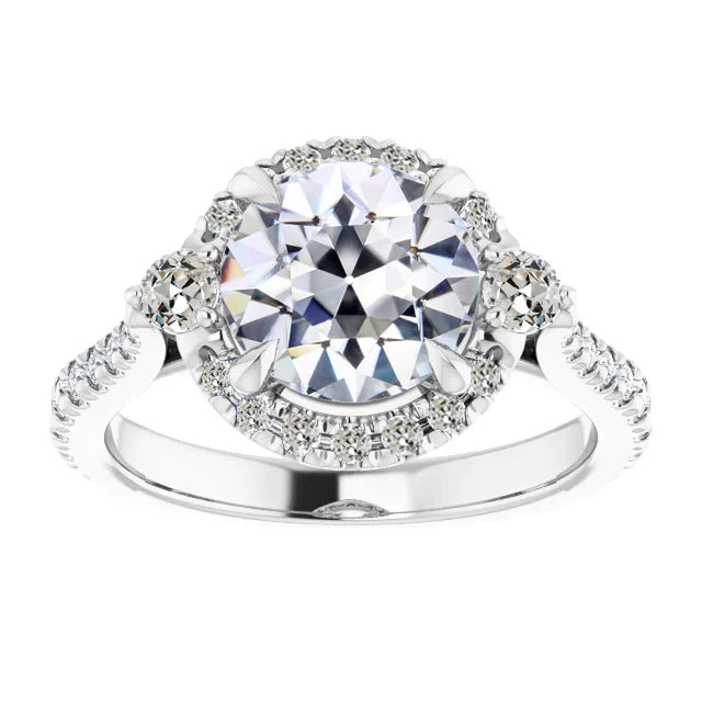 Halo Round Old European Diamond Ring Gold Ladies Jewelry 4.50 Carats