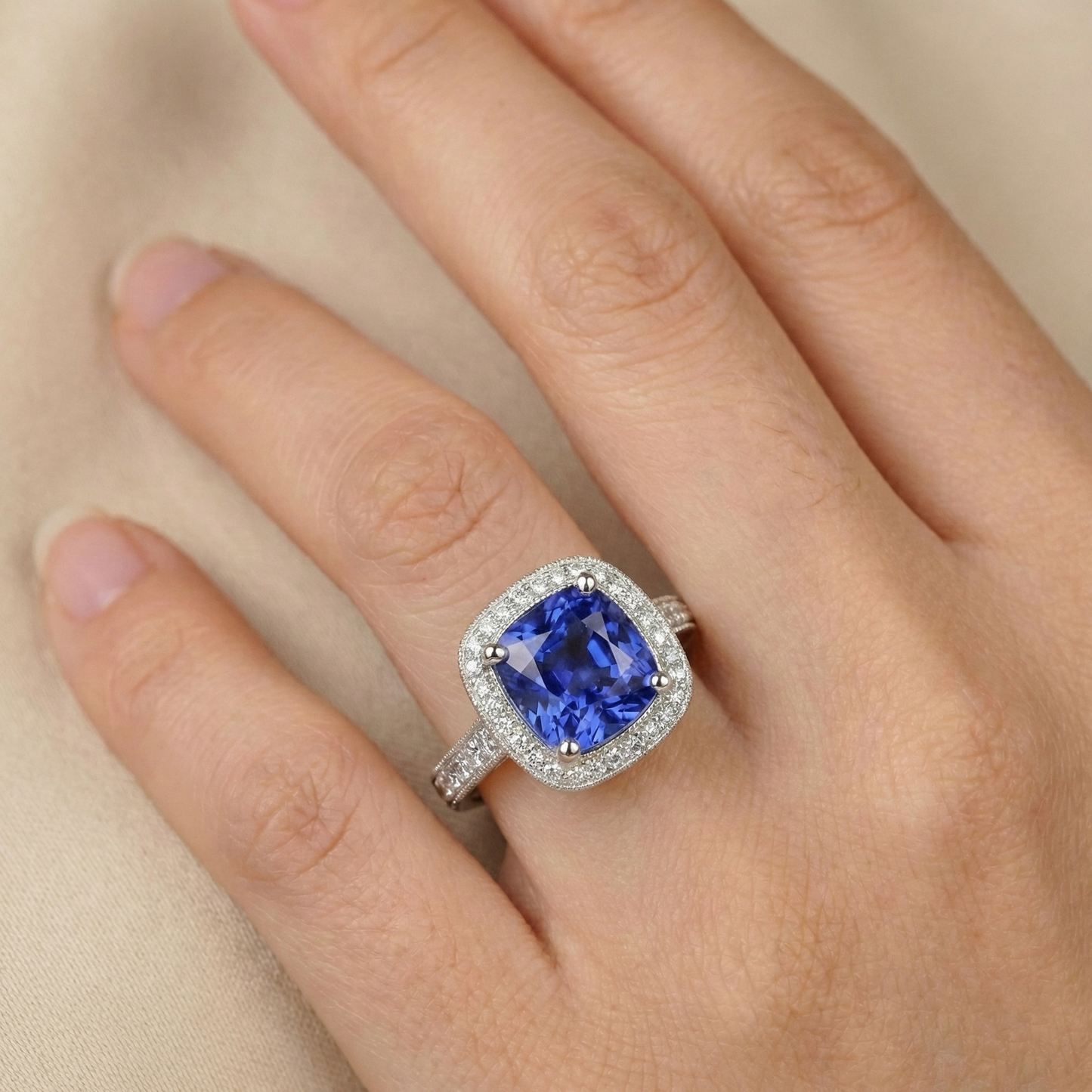 Halo Sapphire Natural Earth Mined Diamond Ring Cushion Cut