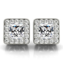 Halo Stud Earrings Princess Old Cut Mined Natural Real Diamond ( Not Lab Grown )