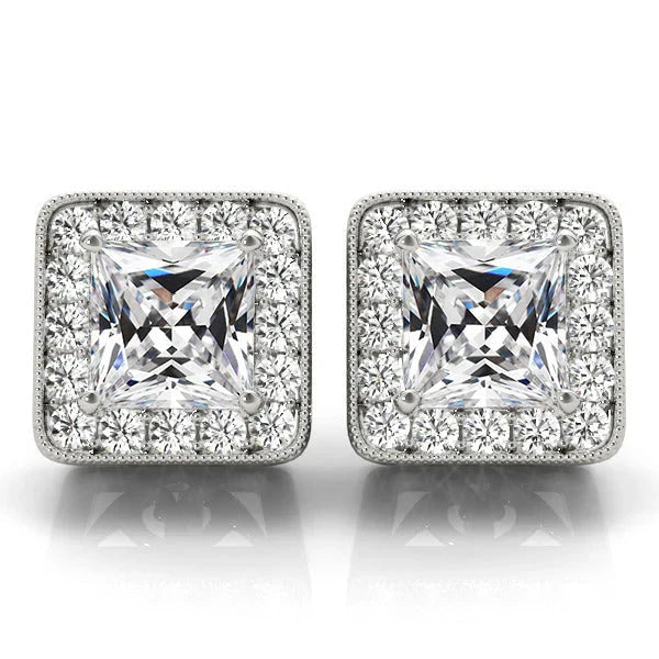 Halo Stud Earrings Princess Old Cut Mined Diamond