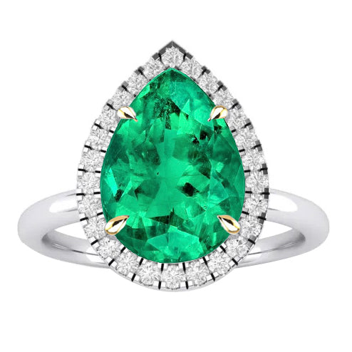 Halo Teardrop Engagement Ring Green Emerald Stone