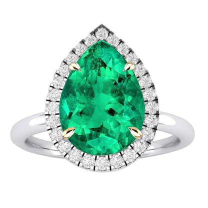 Halo Teardrop Engagement Ring Green Emerald Stone