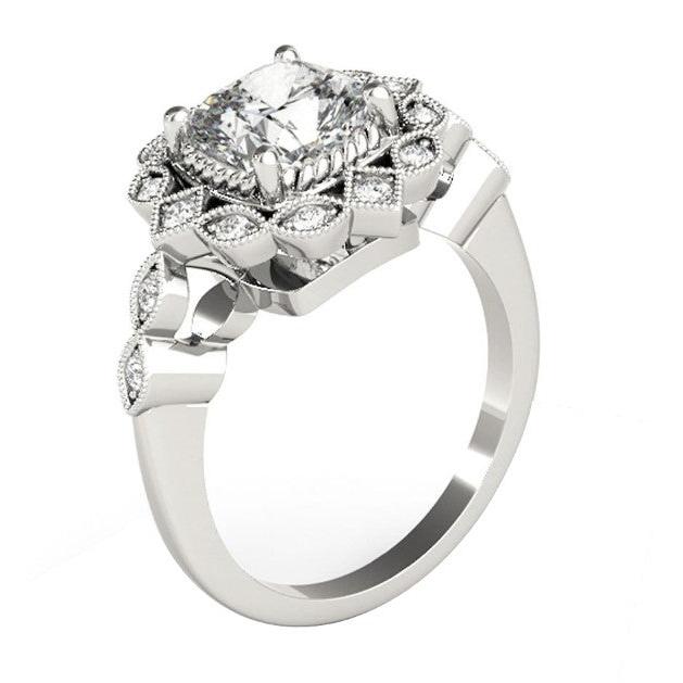 Halo Cushion Old Cut Large Lab Grown Diamond Ring Flower Style 10.50 Carats Milgrain