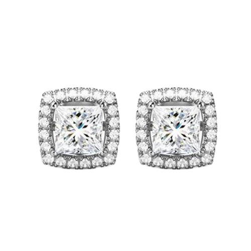 Halo Natural Earth Mined Diamonds Studs Earrings 2.70 Ct. Sparkling Cushion And Round Cut