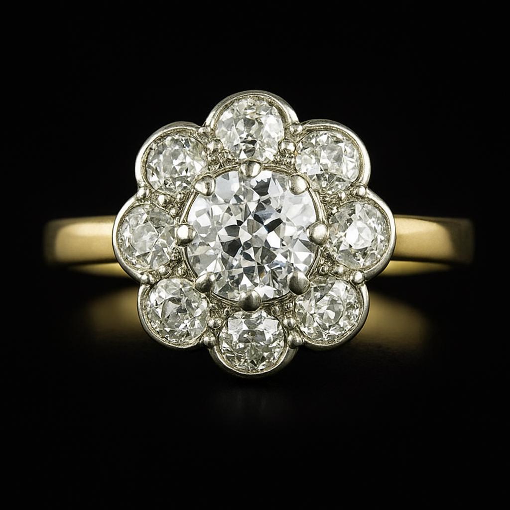 Halo Old Mine Cut Natural Earth Mined Diamond Ring Two Tone Flower Style Jewelry 3 Carats