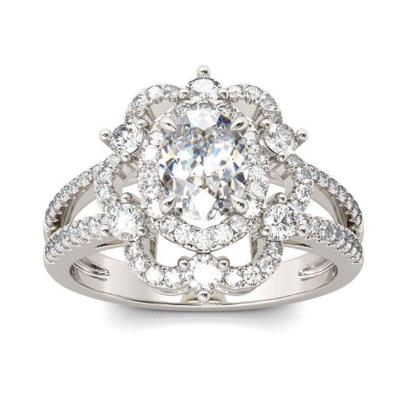 Halo Oval Old Mine Cut Large Lab Grown Diamond Ring Flower Split Shank 15 Carats