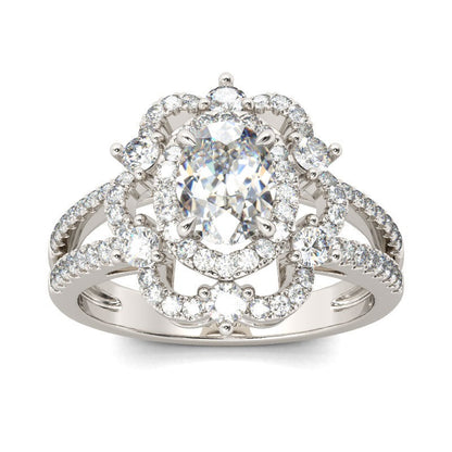 Halo Oval Old Mine Cut Large Lab Grown Diamond Ring Flower Split Shank 15 Carats