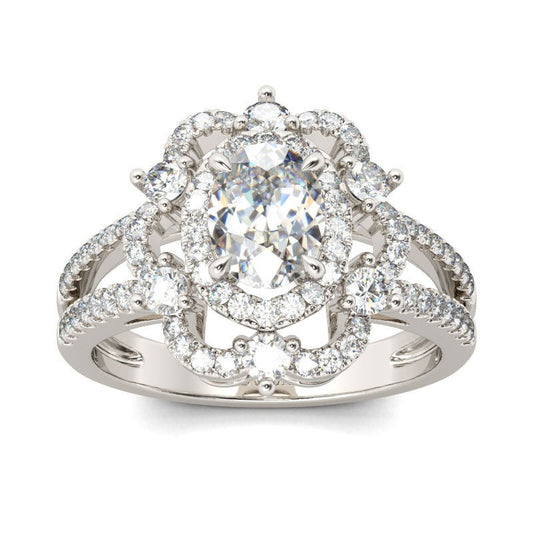 Halo Oval Old Mine Cut Large Lab Grown Diamond Ring Flower Split Shank 15 Carats