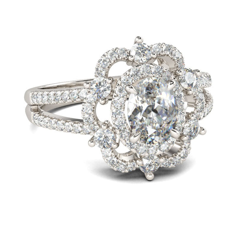 Halo Oval Old Mine Cut Large Lab Grown Diamond Ring Flower Split Shank 15 Carats