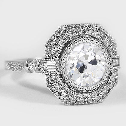 Halo Ring Baguette & Round Old Mine Cut Diamonds 3.75 Carats Milgrain