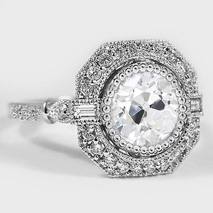 Halo Ring Baguette & Round Old Mine Cut Diamonds 3.75 Carats Milgrain