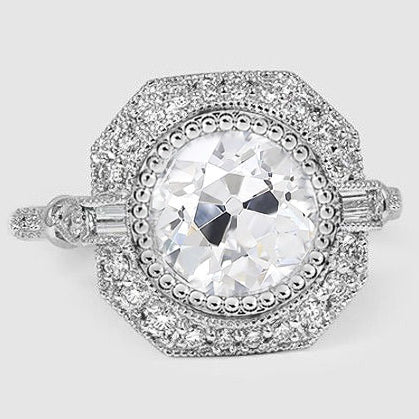 Halo Ring Baguette & Round Old Mine Cut Diamonds 3.75 Carats Milgrain