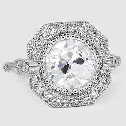 Halo Ring Baguette & Round Old Mine Cut Diamonds 3.75 Carats Milgrain