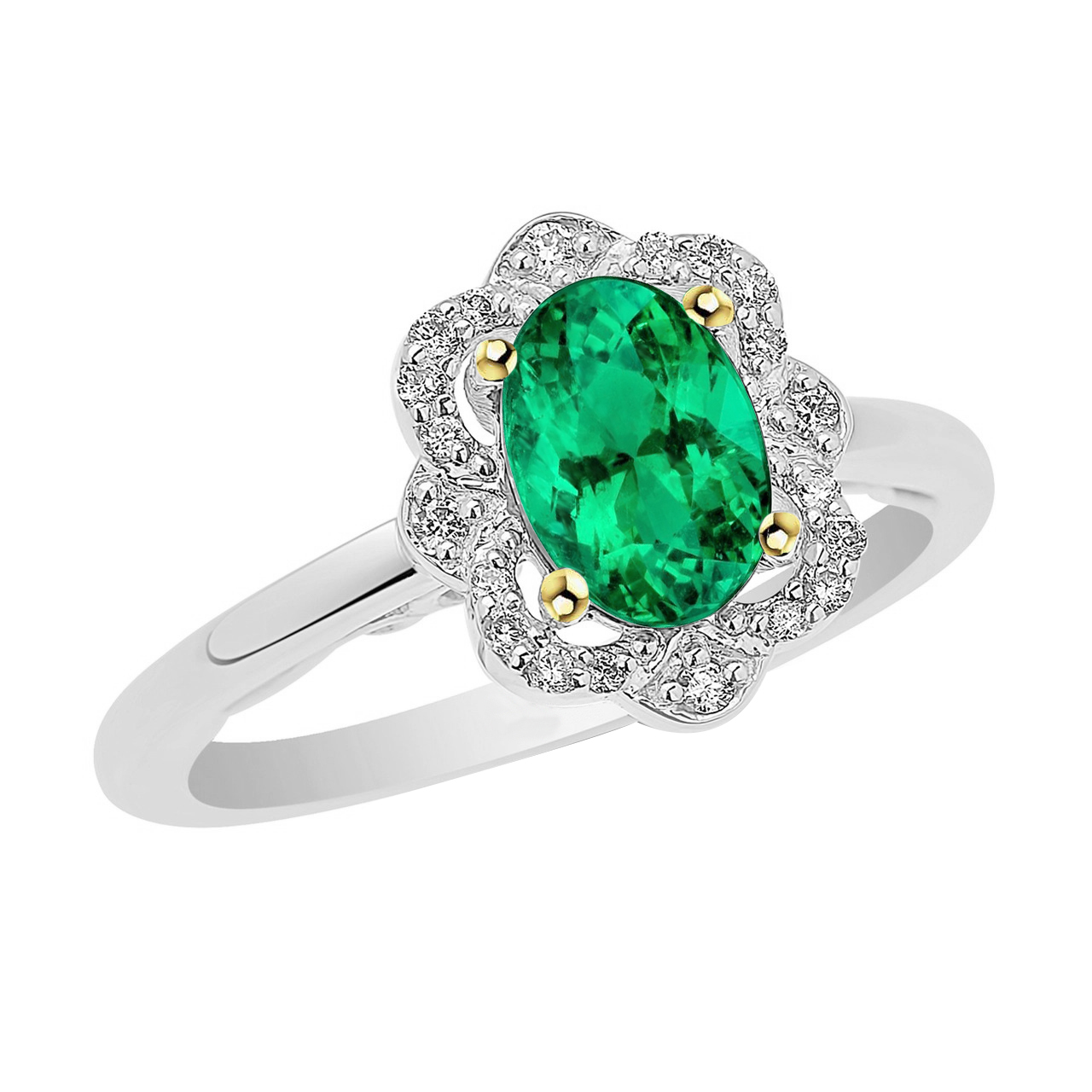 Halo Ring Green Emerald Flower Style Oval Cut