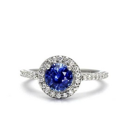 Halo Round Ceylon Sapphire Natural Earth Mined Diamond Ring White Gold 14K
