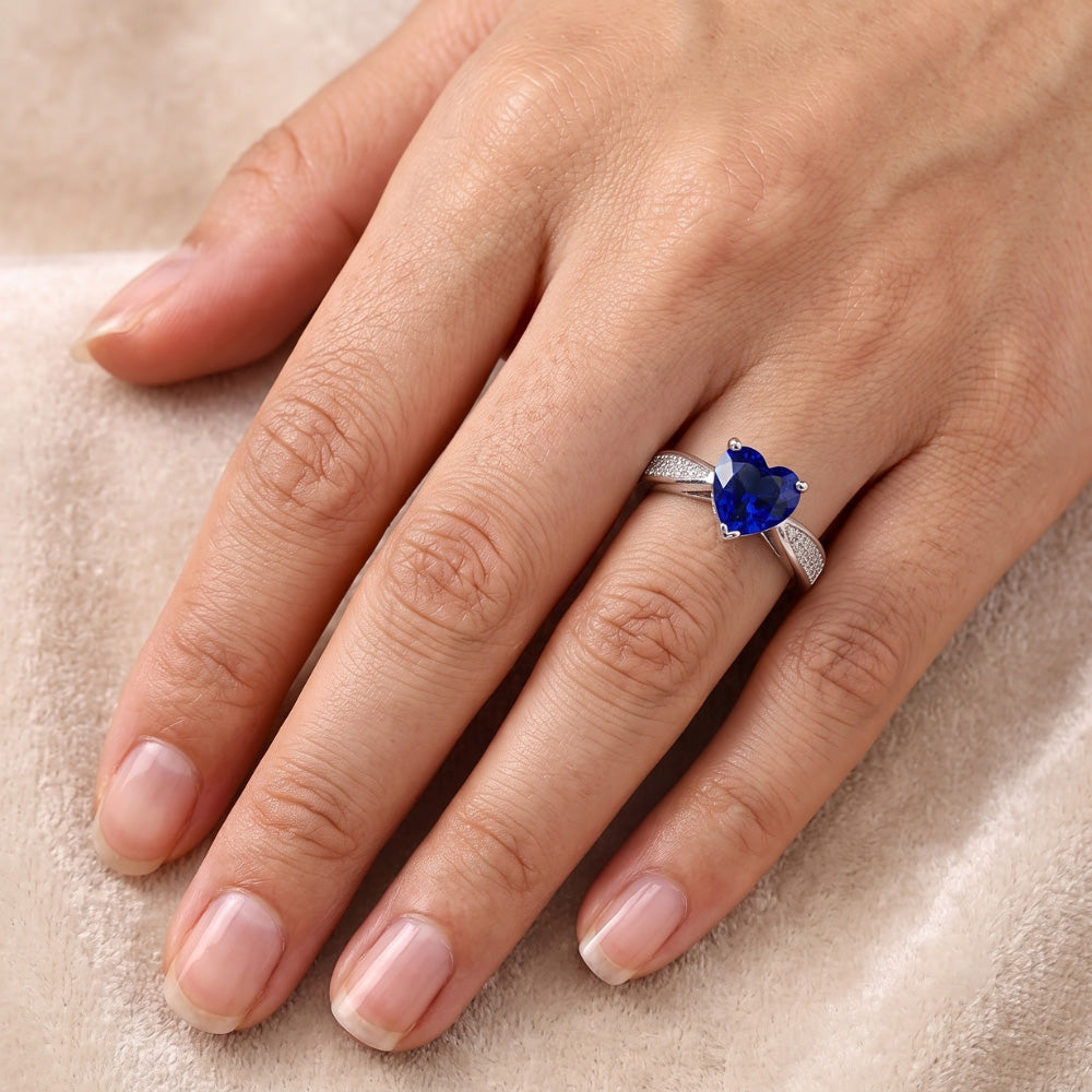 Heart Blue Sapphire Gemstone Ring With Natural Earth Mined Diamonds Tapered Shank 2 Carats