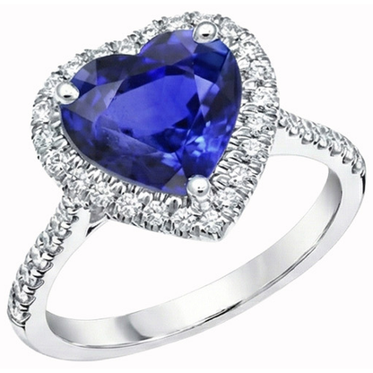 Heart Ceylon Sapphire Round Natural Earth Mined Diamonds Ring 4 Ct White Gold 14K