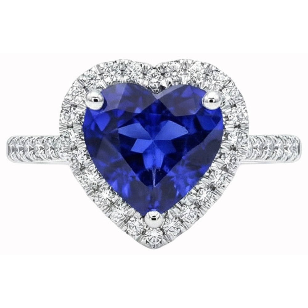 Heart Ceylon Sapphire Round Natural Earth Mined Diamonds Ring 4 Ct White Gold 14K