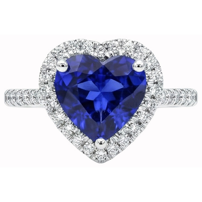 Heart Ceylon Sapphire Round Natural Earth Mined Diamonds Ring 4 Ct White Gold 14K