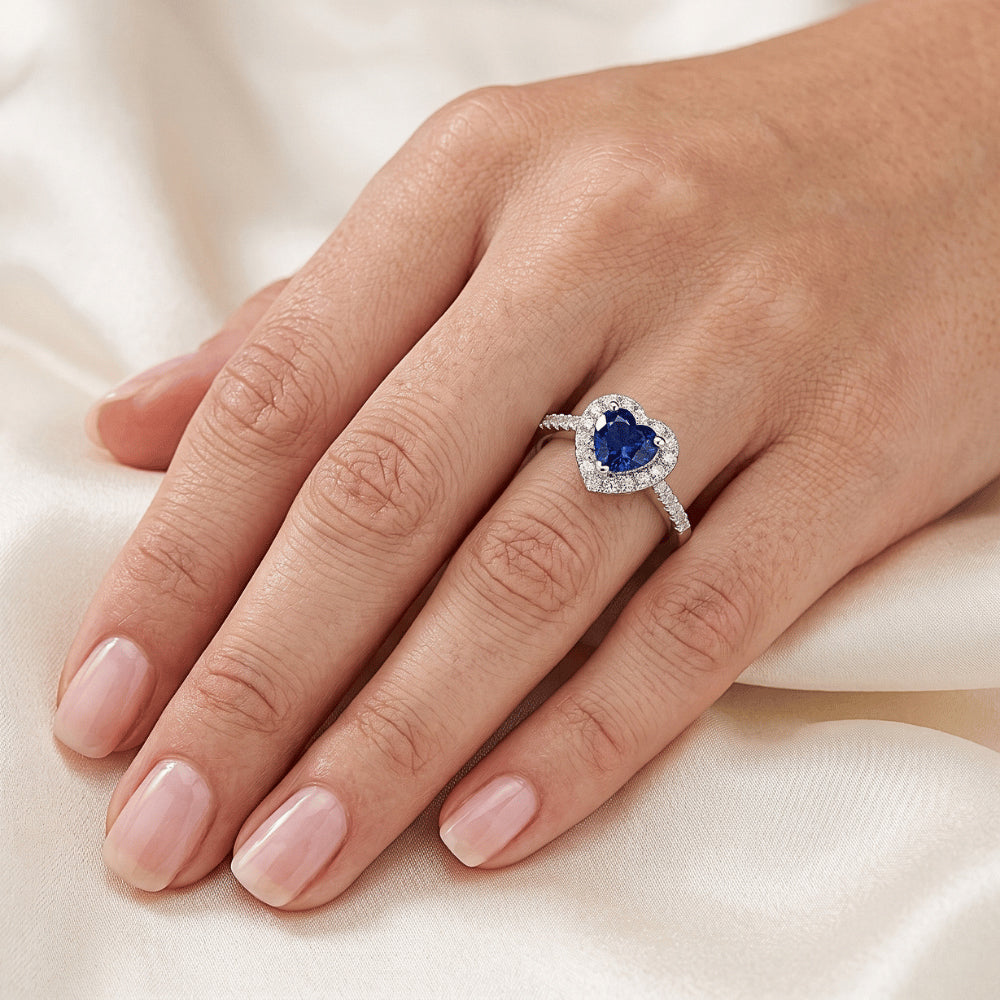 Heart Cut Ceylon Blue Sapphire Round Natural Earth Mined Diamond Ring Gold
