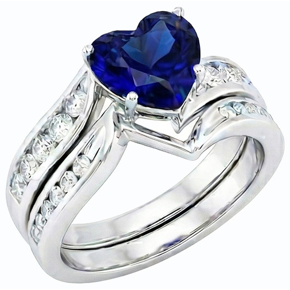 Heart Cut Sapphire Wedding Ring Set & Channel Set Natural Earth Mined Diamonds 3.50 Carats