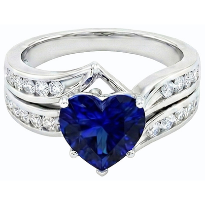 Heart Cut Sapphire Wedding Ring Set & Channel Set Natural Earth Mined Diamonds 3.50 Carats