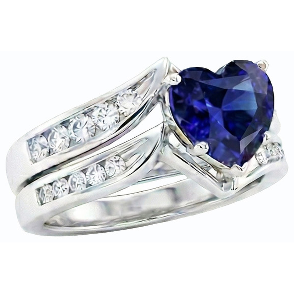 Heart Cut Sapphire Wedding Ring Set & Channel Set Natural Earth Mined Diamonds 3.50 Carats