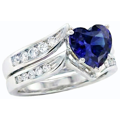 Heart Cut Sapphire Wedding Ring Set & Channel Set Natural Earth Mined Diamonds 3.50 Carats