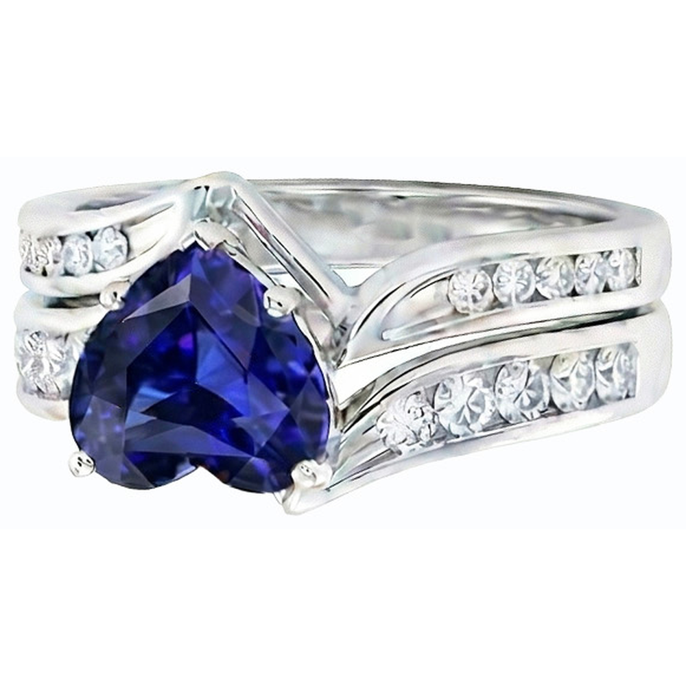 Heart Cut Sapphire Wedding Ring Set & Channel Set Natural Earth Mined Diamonds 3.50 Carats