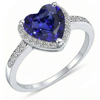 Heart Halo Blue Sapphire Ring Prong Set Natural Earth Mined Diamonds 4 Carats White Gold