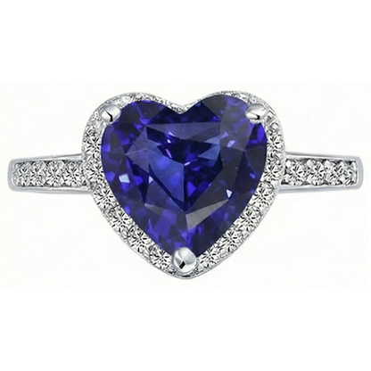 Heart Halo Blue Sapphire Ring Prong Set Natural Earth Mined Diamonds 4 Carats White Gold