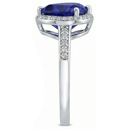 Heart Halo Blue Sapphire Ring Prong Set Natural Earth Mined Diamonds 4 Carats White Gold