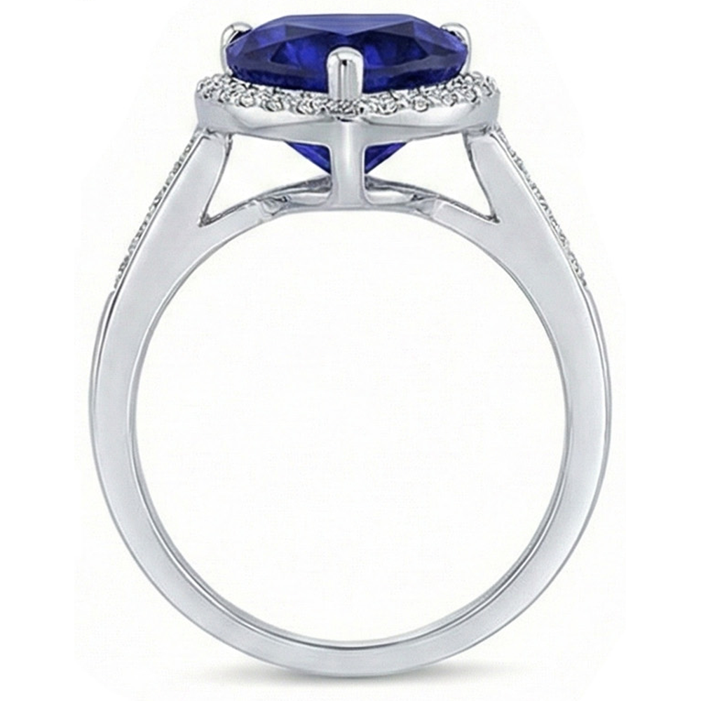 Heart Halo Blue Sapphire Ring Prong Set Natural Earth Mined Diamonds 4 Carats White Gold