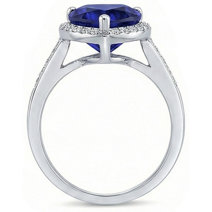 Heart Halo Blue Sapphire Ring Prong Set Natural Earth Mined Diamonds 4 Carats White Gold