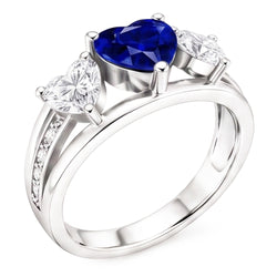 Heart Natural Earth Mined Diamond 3 Stone Blue Sapphire Ring With Accents 3.50 Carats