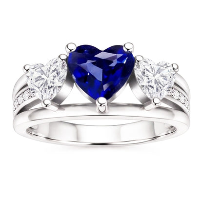 Heart Natural Earth Mined Diamond 3 Stone Blue Sapphire Ring With Accents 3.50 Carats