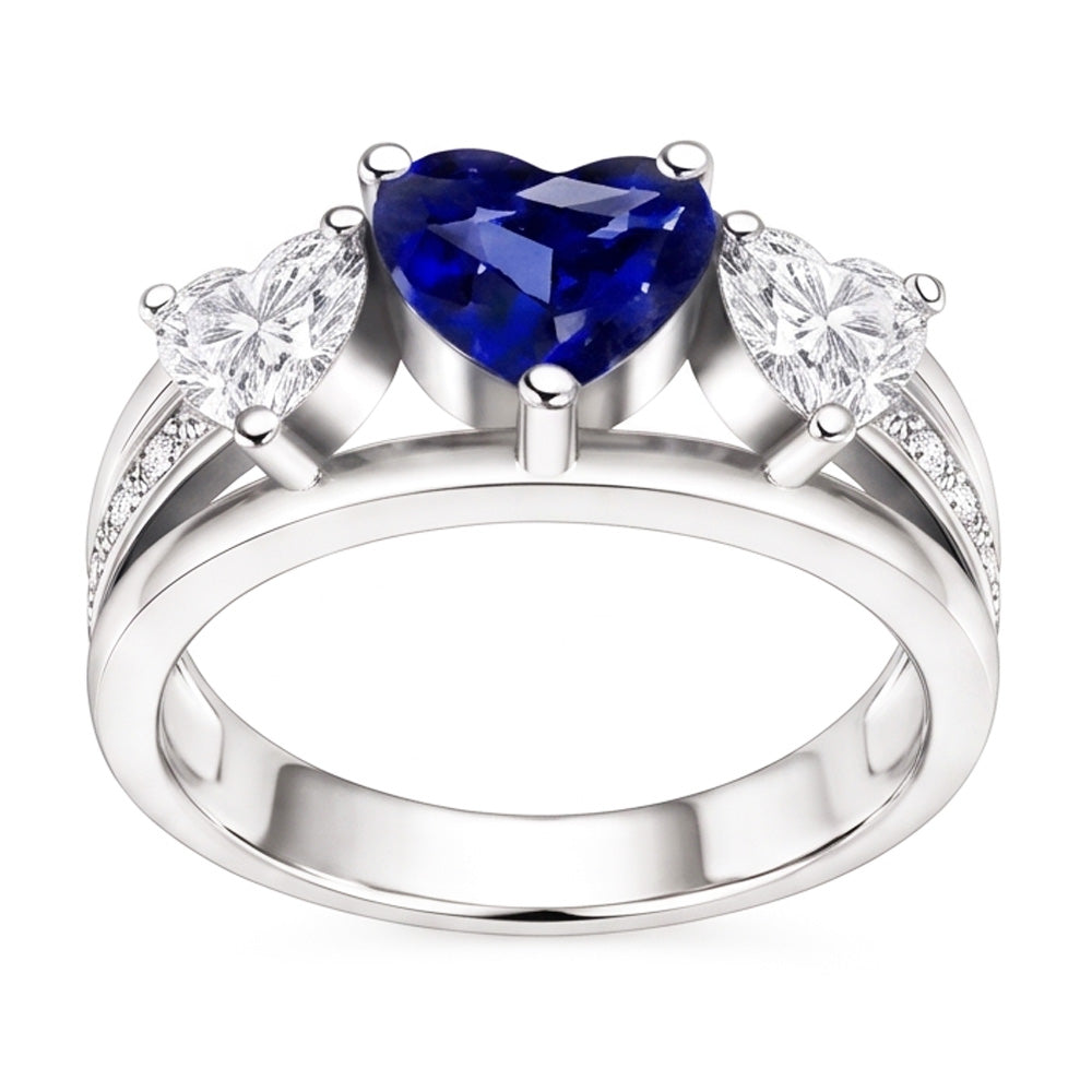 Heart Natural Earth Mined Diamond 3 Stone Blue Sapphire Ring With Accents 3.50 Carats