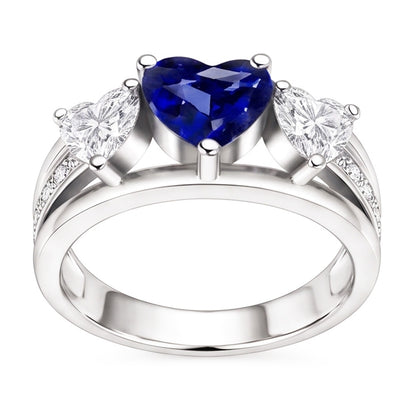 Heart Natural Earth Mined Diamond 3 Stone Blue Sapphire Ring With Accents 3.50 Carats