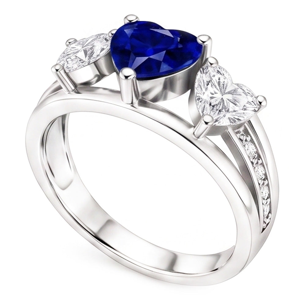Heart Natural Earth Mined Diamond 3 Stone Blue Sapphire Ring With Accents 3.50 Carats