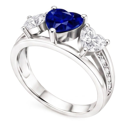 Heart Natural Earth Mined Diamond 3 Stone Blue Sapphire Ring With Accents 3.50 Carats