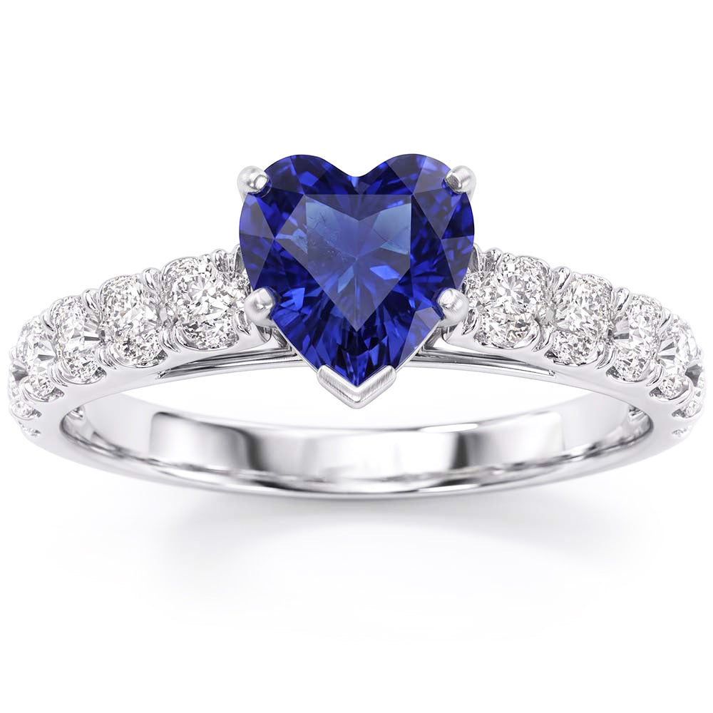 Heart Sapphire Gemstone Ring & Double Pave Natural Earth Mined Diamond Accents 3.50 Carats