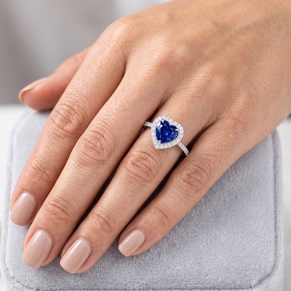 Heart Sapphire Halo Ring Pave Set Natural Earth Mined Diamonds 3 Carats Women’s Jewelry